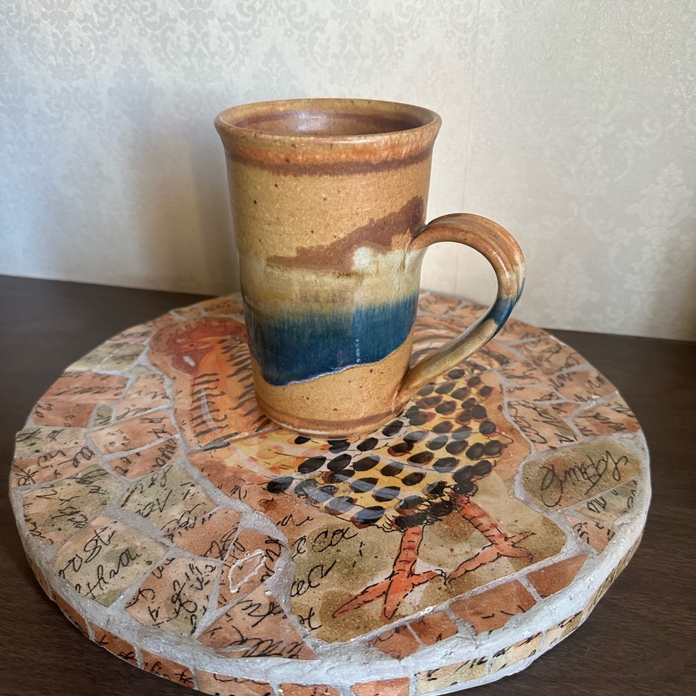 W.‎ Glass Handmade Art Pottery Ceramic Coffee Mug Brown Blue Beige Decorative